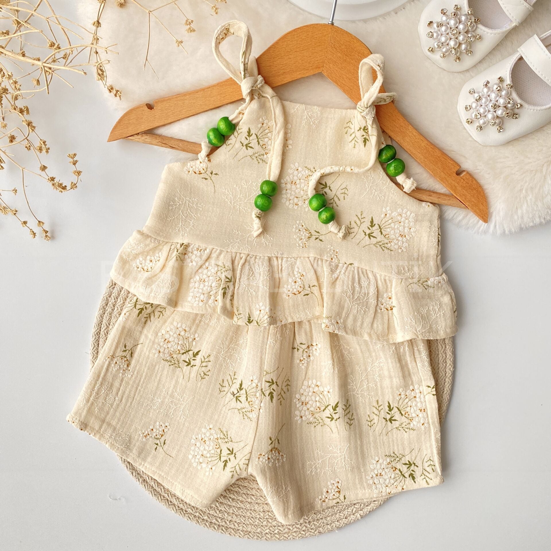 Boncuklu İp Askılı Çiçekli Müslin Takım 2-3 YAŞ