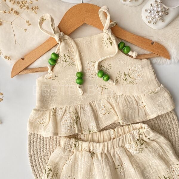 Boncuklu İp Askılı Çiçekli Müslin Takım 2-3 YAŞ