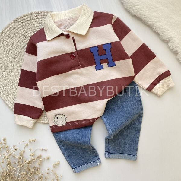 H Harf Detaylı Polo Yaka Çizgili Kot Pantolonlu 2’Li Takım