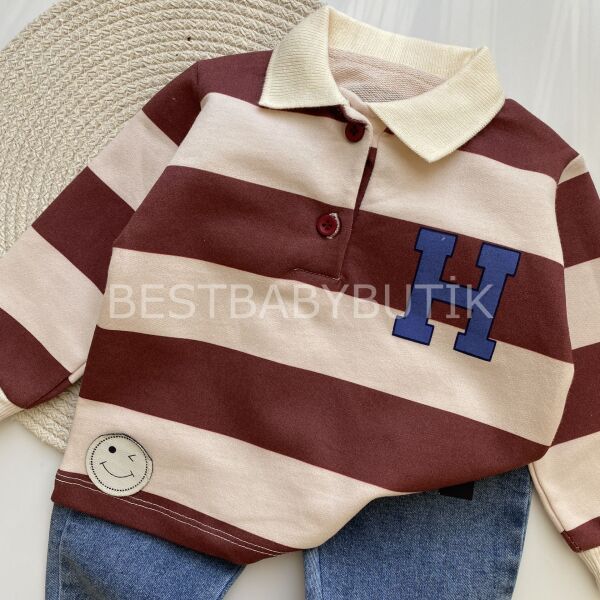 H Harf Detaylı Polo Yaka Çizgili Kot Pantolonlu 2’Li Takım