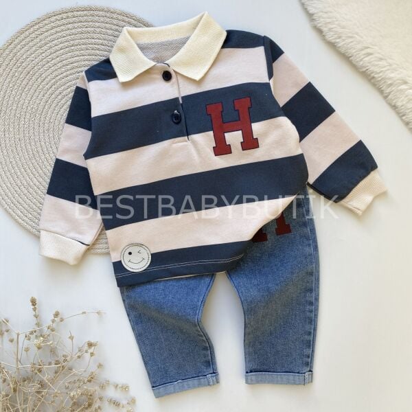 H Harf Detaylı Polo Yaka Çizgili Kot Pantolonlu 2’Li Takım