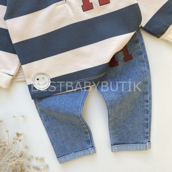 H Harf Detaylı Polo Yaka Çizgili Kot Pantolonlu 2’Li Takım