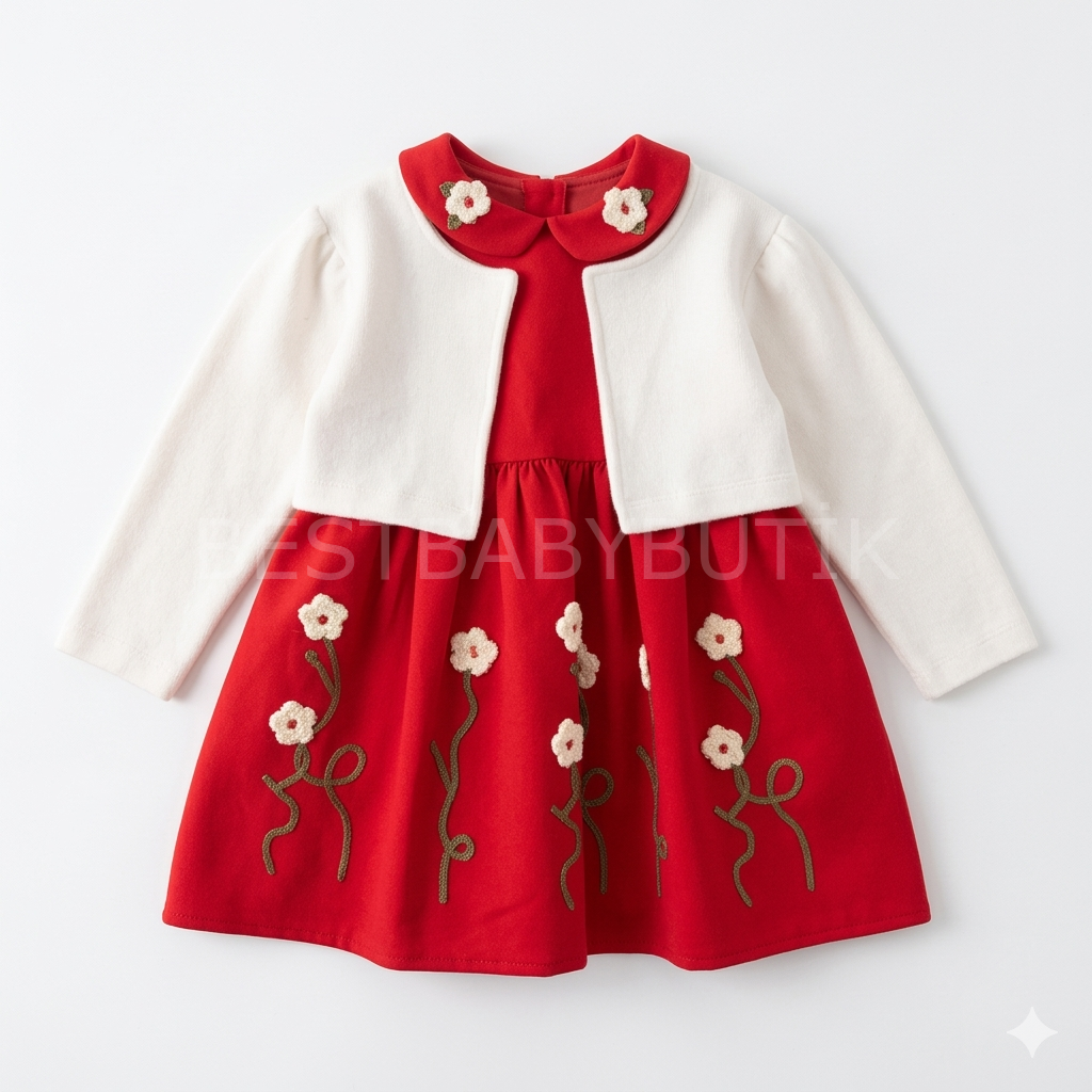 Çiçek Panç İşlemeli Bolerolu Kırmızı Elbise (2-5 Yaş) 3 YAŞ