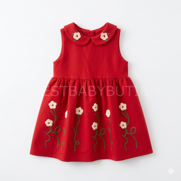 Çiçek Panç İşlemeli Bolerolu Kırmızı Elbise (2-5 Yaş) 3 YAŞ