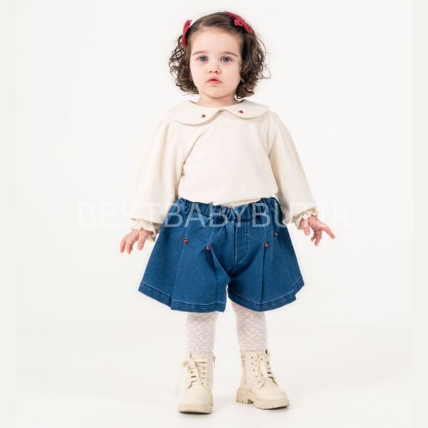 Uğurböcekli Bebe Yaka Kot Şort Etekli Takım KÜLOTLUÇORAP HEDİYELİ 1 YAŞ