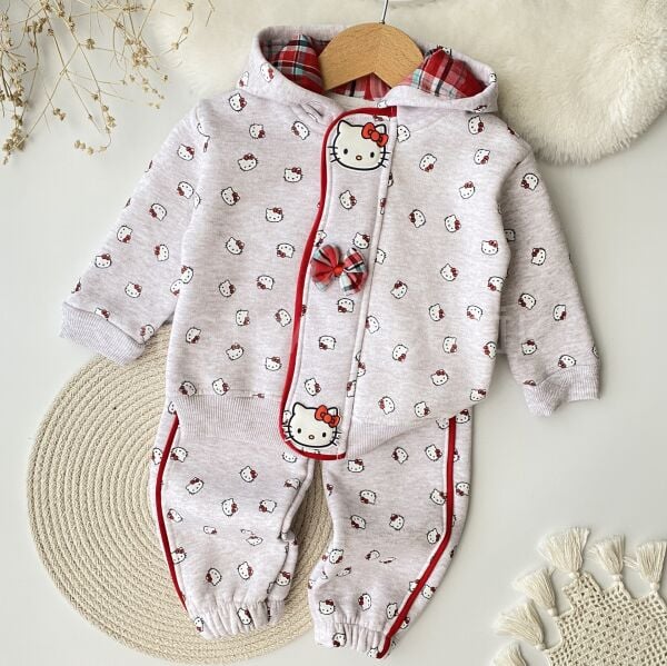 Hello Kitty Baskılı Pötikare Kapşonlu Şardonlu Eşofman Takımı