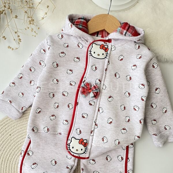 Hello Kitty Baskılı Pötikare Kapşonlu Şardonlu Eşofman Takımı