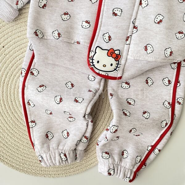 Hello Kitty Baskılı Pötikare Kapşonlu Şardonlu Eşofman Takımı