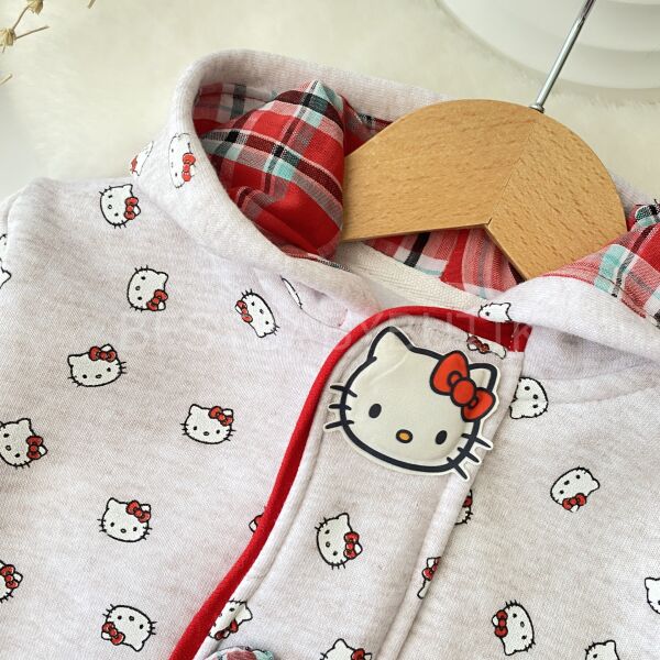 Hello Kitty Baskılı Pötikare Kapşonlu Şardonlu Eşofman Takımı