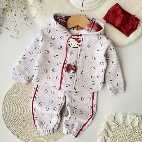 Hello Kitty Baskılı Pötikare Kapşonlu Şardonlu Eşofman Takımı