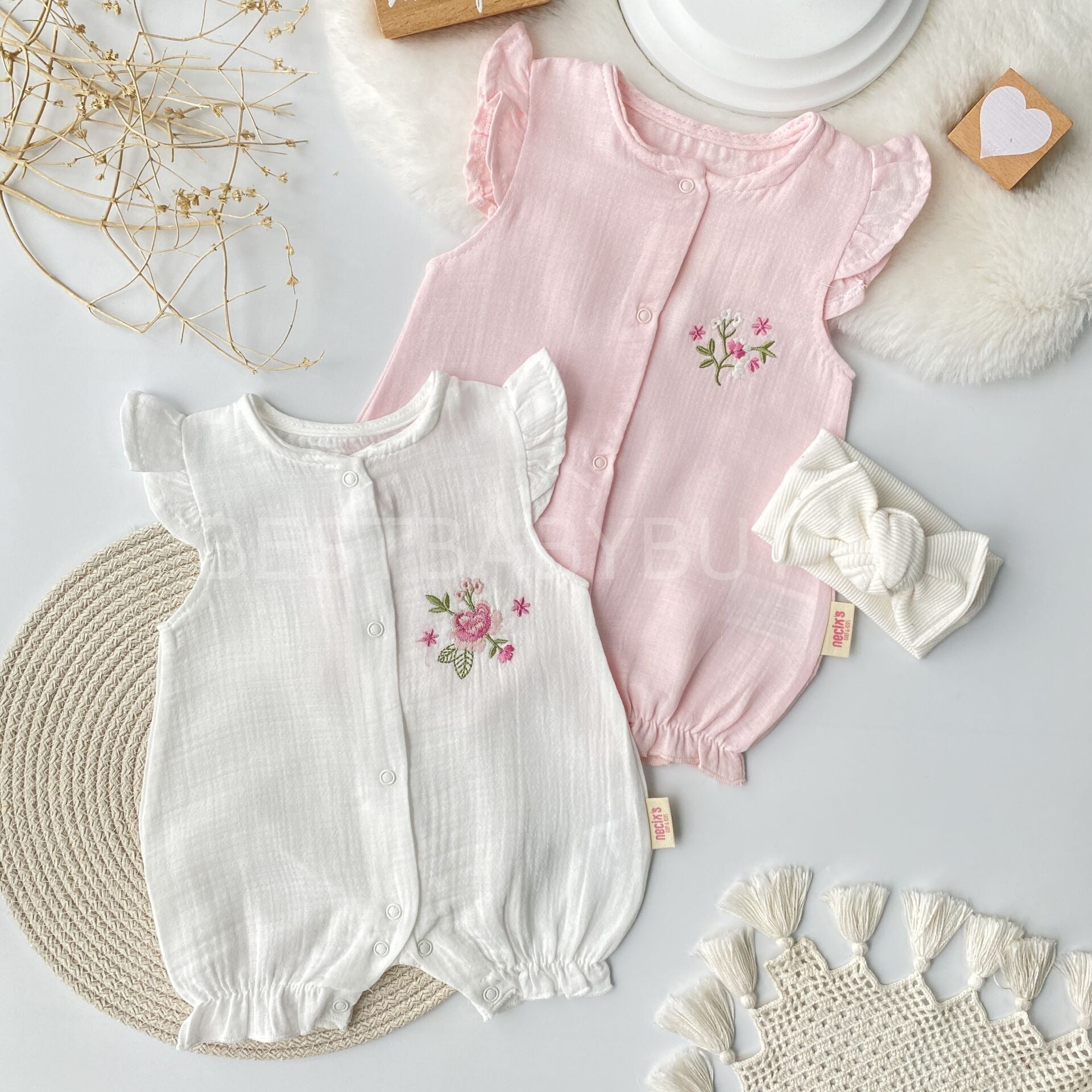 Çiçekli Müslin 2’Li Barbatöz Tulum Seti 3-6 AY