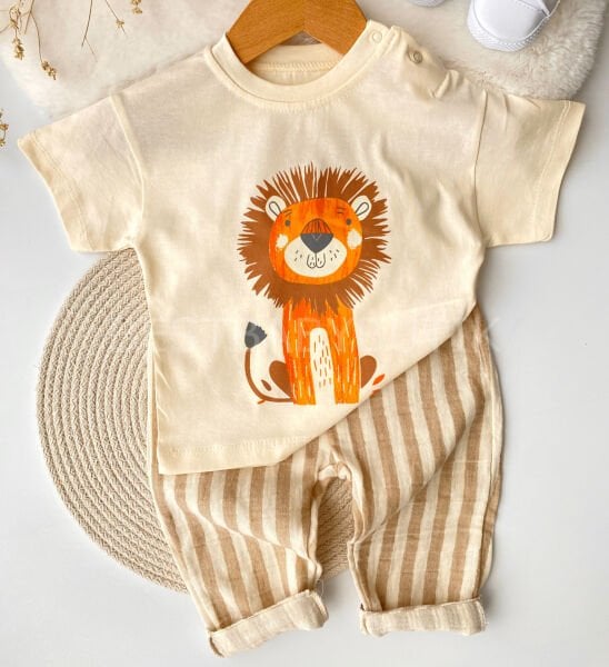 Aslan Baskılı Müslin Pantolonlu 2’li Takım