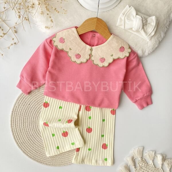 Çilek Nakışlı Bebe Yaka Bol Paça 2’Li Takım