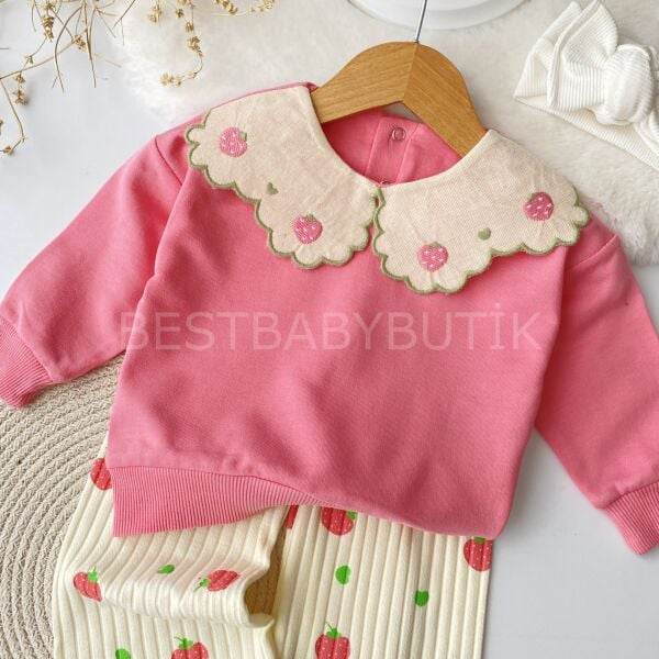 Çilek Nakışlı Bebe Yaka Bol Paça 2’Li Takım