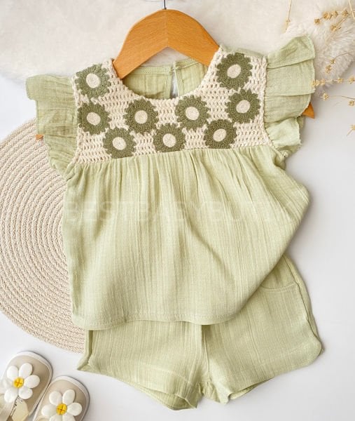 Çiçek Nakışlı Müslin Şortlu 2’Li Takım