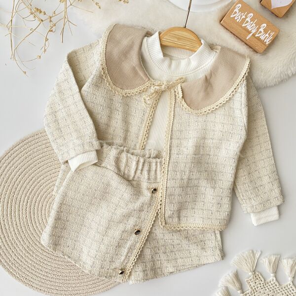 Bebe Yaka Ceketli Şort Etekli Tüvit 3’Lü Takım