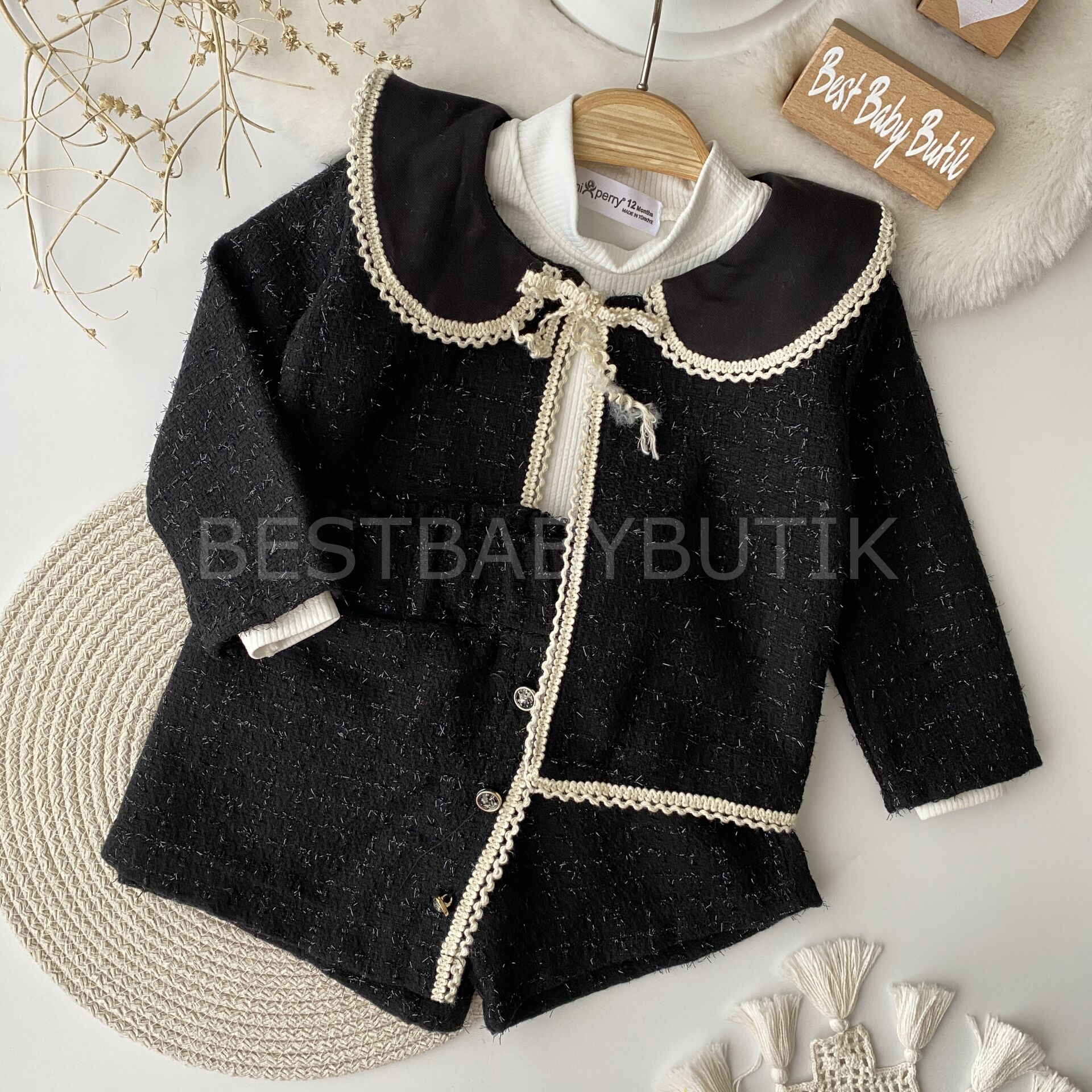 Bebe Yaka Ceketli Şort Etekli Tüvit 3’Lü Takım