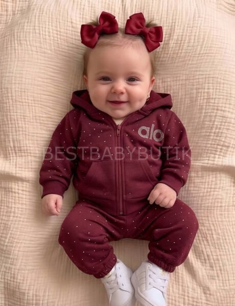 Bordo Kapşonlu Allo Yazılı Boncuklu Şardonlu Takım 6-9 AY