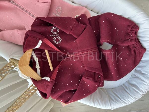Bordo Kapşonlu Allo Yazılı Boncuklu Şardonlu Takım 6-9 AY