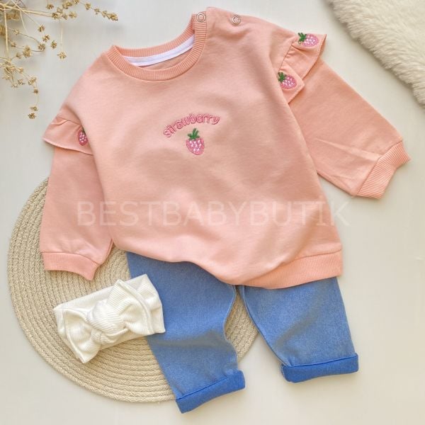 ÇİLEK NAKIŞLI KOT LİKRA PANTOLONLU 2’Lİ TAKIM