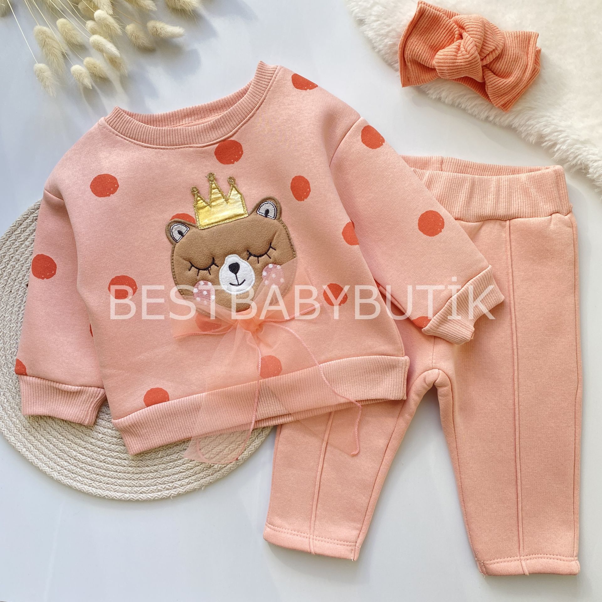 Ayıcık Detaylı Kurdaleli Benekli Şardonlu 2’Li Takım