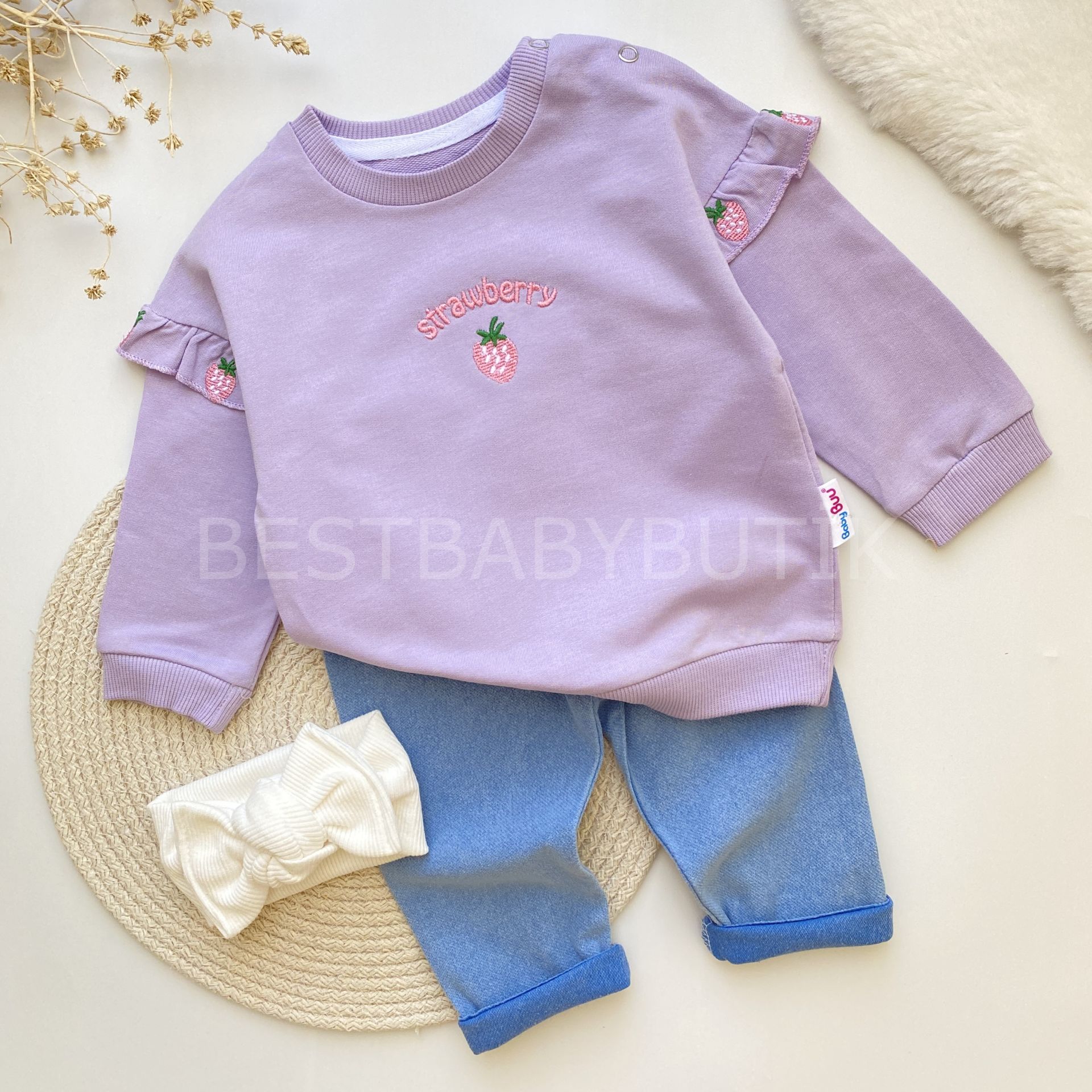 ÇİLEK NAKIŞLI KOT LİKRA PANTOLONLU 2’Lİ TAKIM