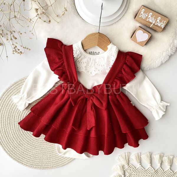 Kırmızı Kurdaleli Pileli Elbise