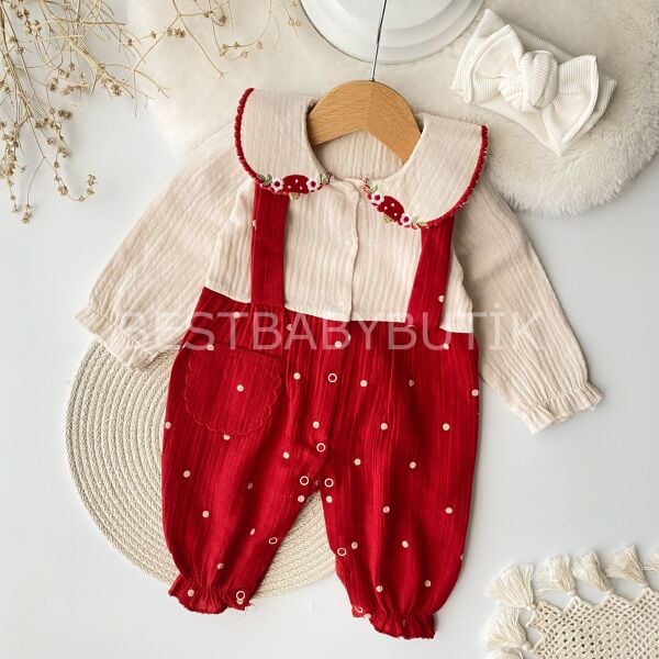 Mantar Nakışlı Yaka Detaylı Müslin Tulum