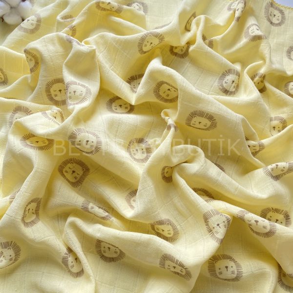 CARAMEL ASLAN DETAYLI SARI MÜSLİN ÖRTÜ 90x80