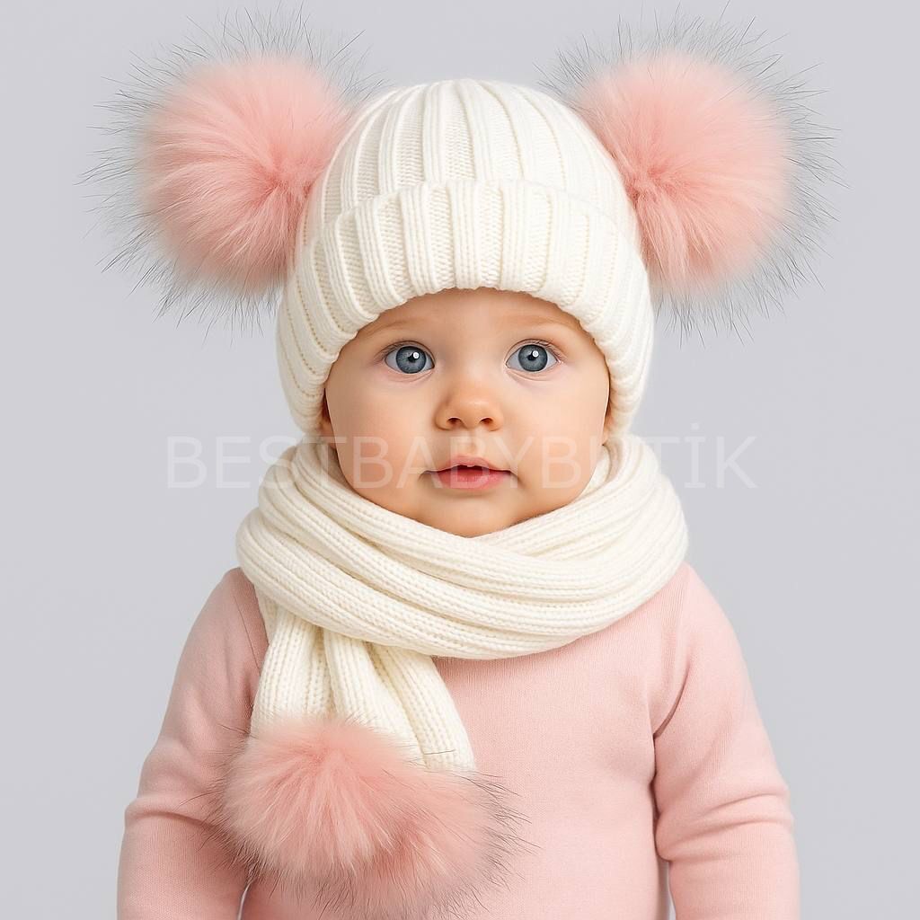 Pembe Ponponlu Beyaz Atkı Ve Bere Takımı