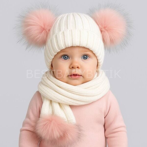 Pembe Ponponlu Beyaz Atkı Ve Bere Takımı