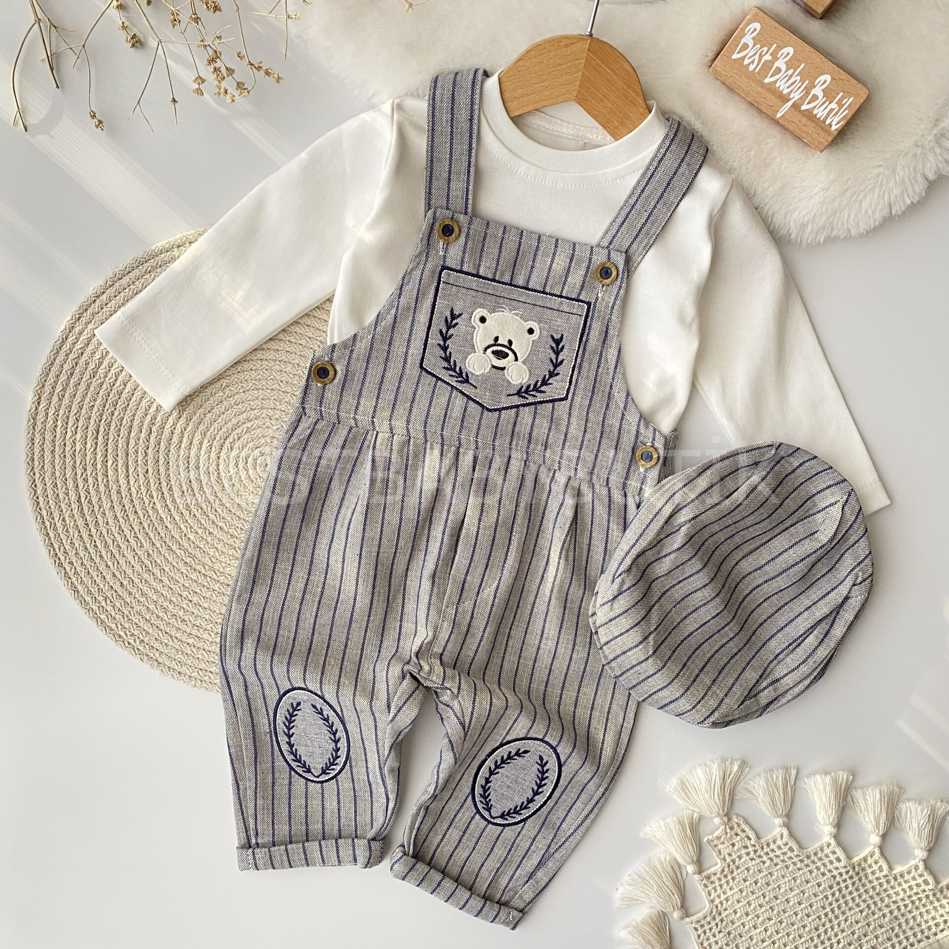 Ayıcık Nakışlı Şapkalı Salopet Tulum Seti