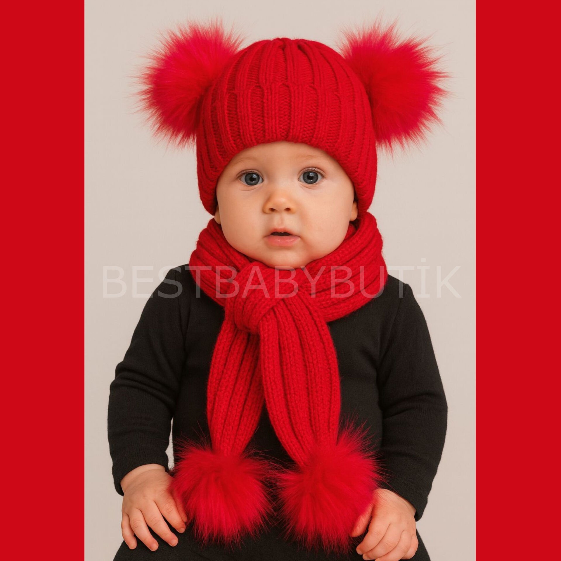 Kırmızı Ponponlu Beyaz Atkı Ve Bere Takımı