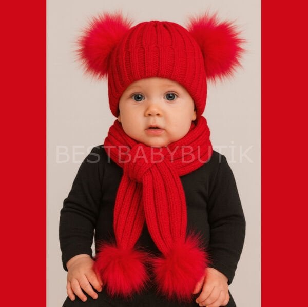 Kırmızı Ponponlu Beyaz Atkı Ve Bere Takımı
