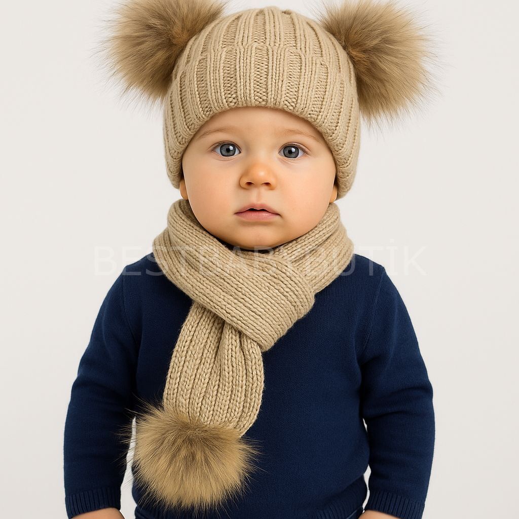 Bej Ponponlu Beyaz Atkı Ve Bere Takımı