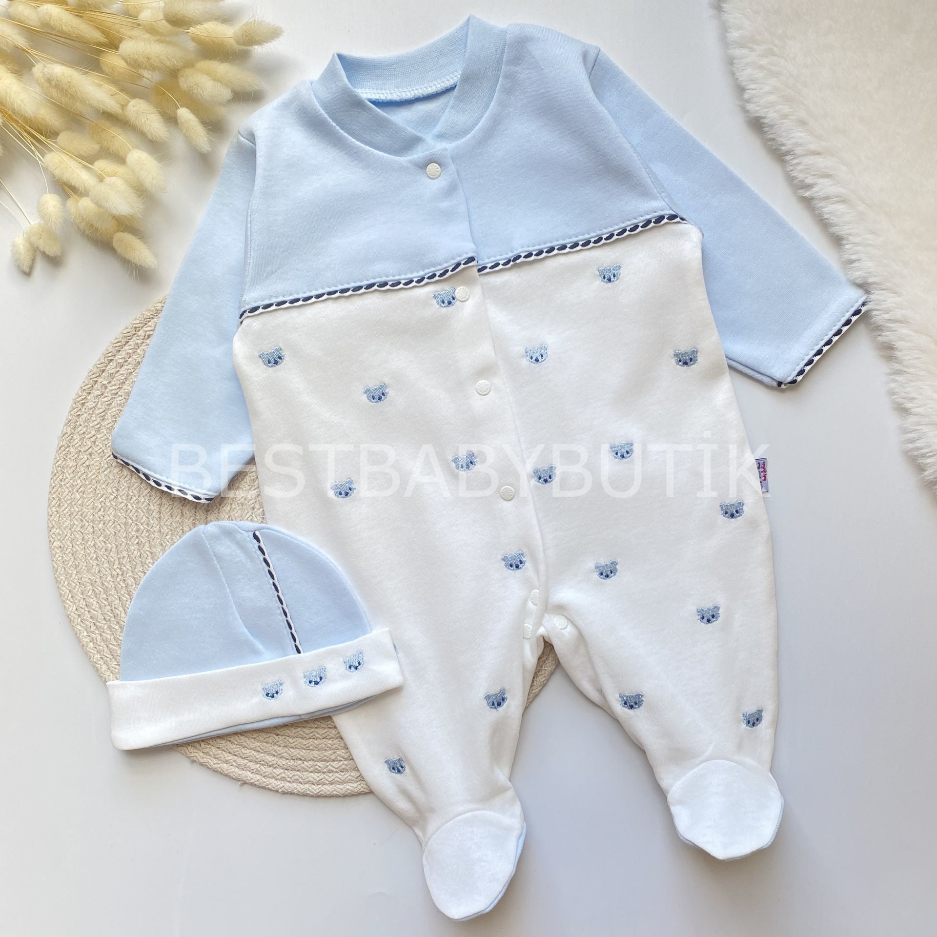 AYICIK NAKIŞ İŞLEMELİ TULUM VE BERESİ 1-3 AY