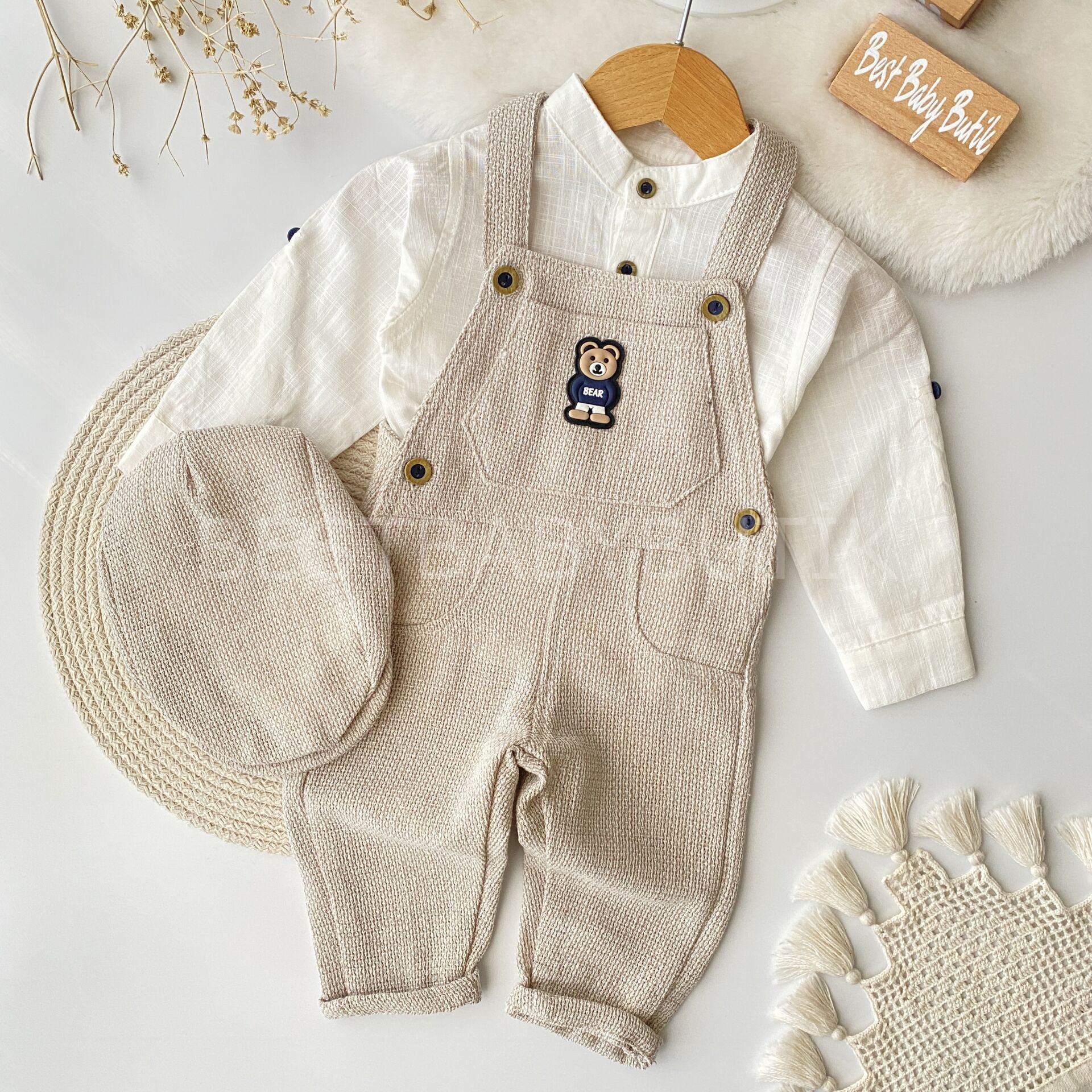 Ayıcık Detaylı Gömlekli Ve Şapkalı Tulum Seti