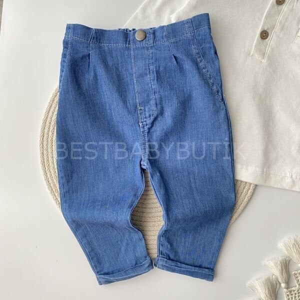 Ahşap Düğmeli Hakim Yaka Beli Lastikli Kot Pantolonlu Takım