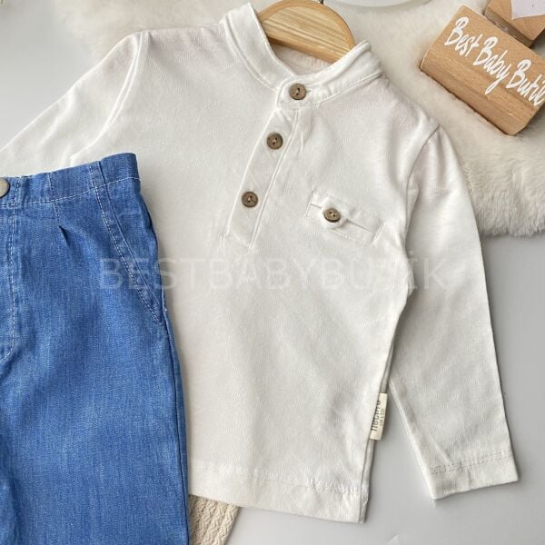 Ahşap Düğmeli Hakim Yaka Beli Lastikli Kot Pantolonlu Takım