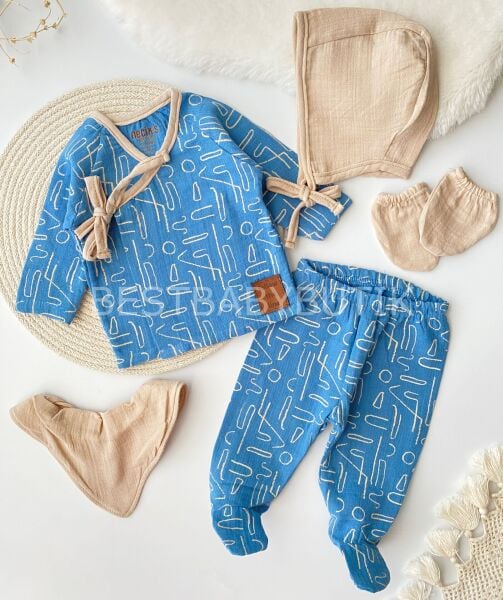 Geometrik Desenli Müslin 5 Parça Hastane Çıkışı Seti