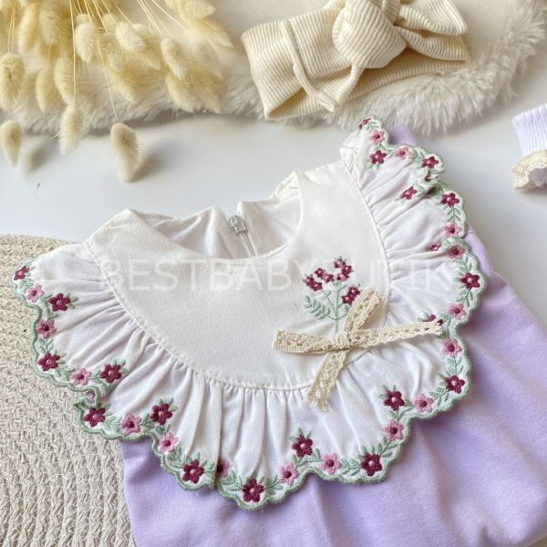 VİNTAGE YAKA İŞLEMELİ ELBİSE (LİLA)