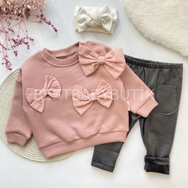 KURDALE DETAYLI ŞARDONLU DERİ PANTOLONLU 2’Lİ TAKIM