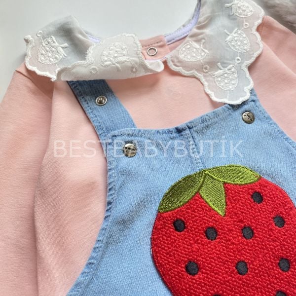 ÇİLEK FİSTO YAKALI BLUZ VE  KOT SALOPET 2’Lİ TAKIM