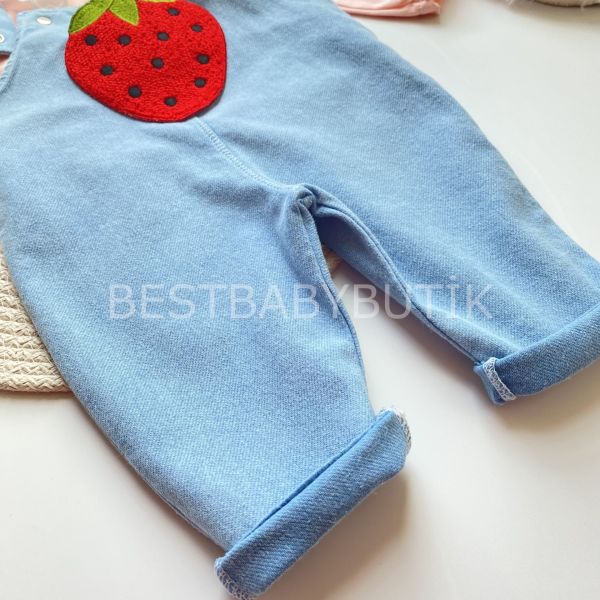 ÇİLEK FİSTO YAKALI BLUZ VE  KOT SALOPET 2’Lİ TAKIM