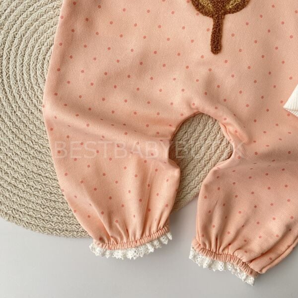 Papatya Nakışlı Benekli Fistolu Büyük Bebe Yaka Badili Tulum