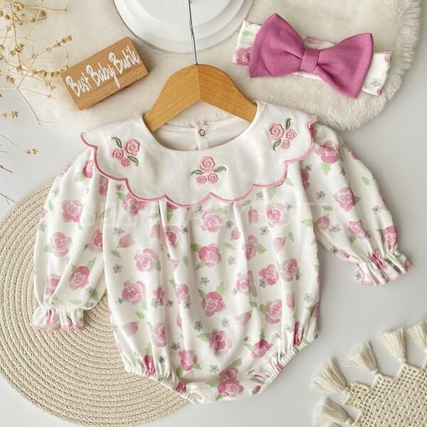 Gül Nakışlı Yaka Detaylı Bandanalı Tulum