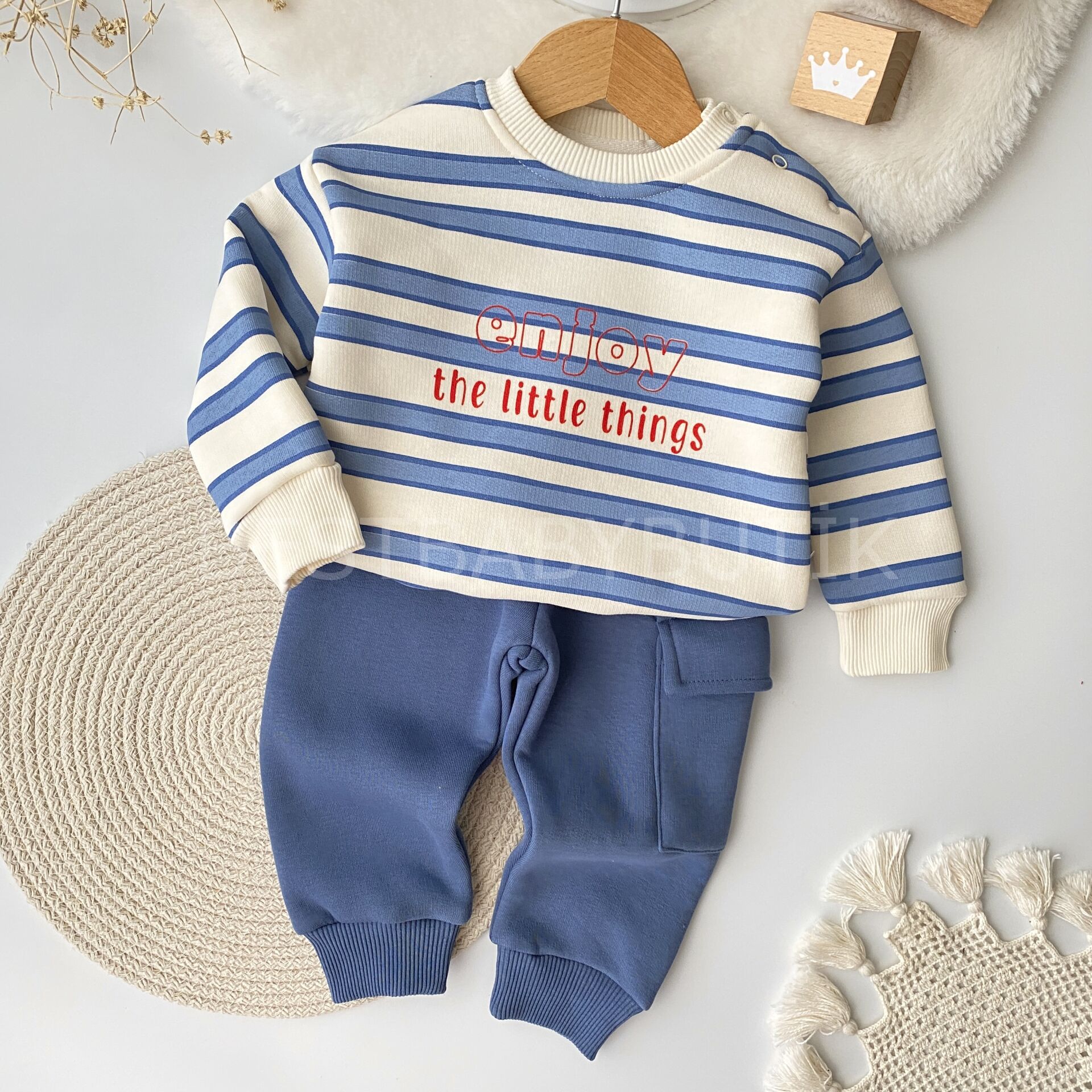 Emoji Çizgili Cep Detaylı Şardonlu Kışlık 2’Li Takım