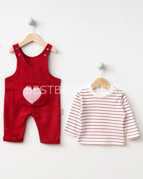 Kalp Panç İşlemeli Çizgili Badili Kadife 2’li Tulum