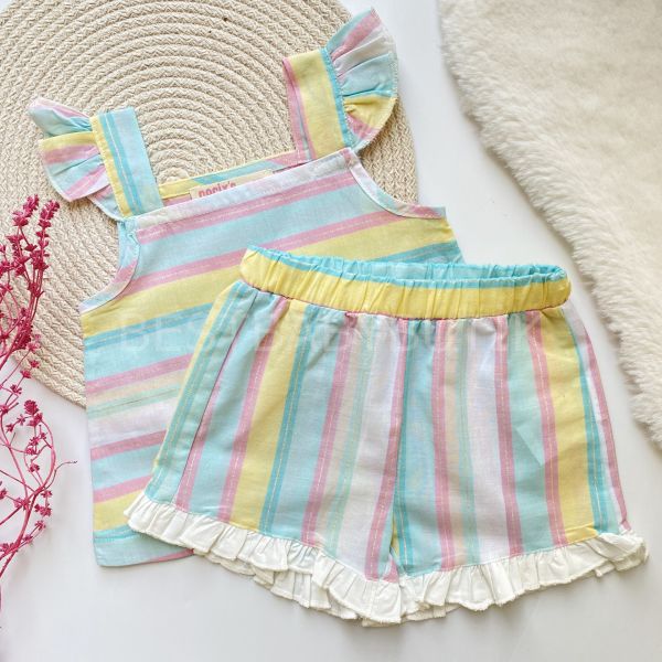 RENKLİ ÇİZGİLİ SİM DETAYLI ASKILO ŞORTLU 2’Lİ TAKIM