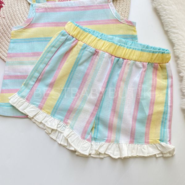 RENKLİ ÇİZGİLİ SİM DETAYLI ASKILO ŞORTLU 2’Lİ TAKIM